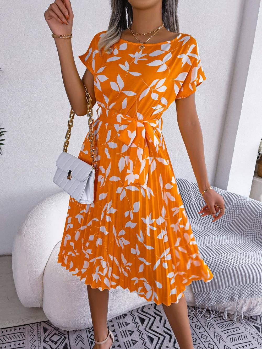 Leaf Print Dress Women Short Sleeve Lace-up Skirt Summer-5