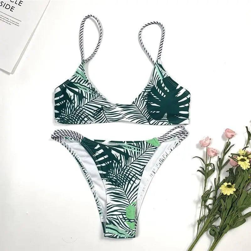 Leaf print split bikini-Green-2