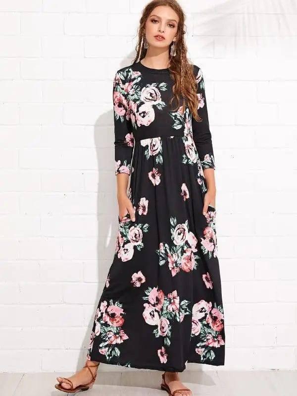 Long Sleeve Printed Floral Dress-Black-4