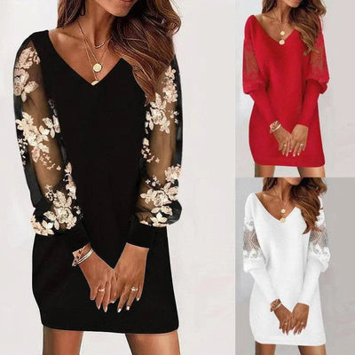 Long-sleeved V-neck Dress Spring And Autumn New Style Lace Splicing Dress For Womens Clothing-1