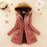 Long Women's Cotton-Padded Jacket With Wool Collar-Deep pink-13