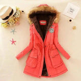 Long Women's Cotton-Padded Jacket With Wool Collar-Watermelon red-9