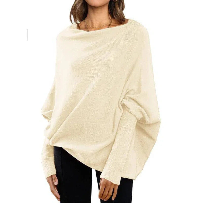 Loose Bat Sleeve Sweater Tops Simple Casual Fashion Versatile Solid Color Round Neck Sweater For Women-Apricot-6