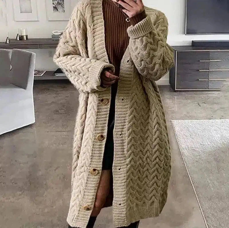 Loose Casual Mid Length Solid Color Sweater Cardigan-Khaki-2