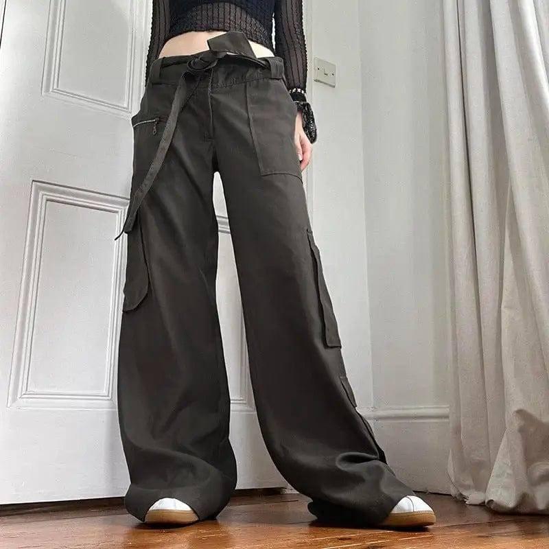 Lounge Pants Lace-Up Low Rise Asymmetric Pocket Loose Cargo-1