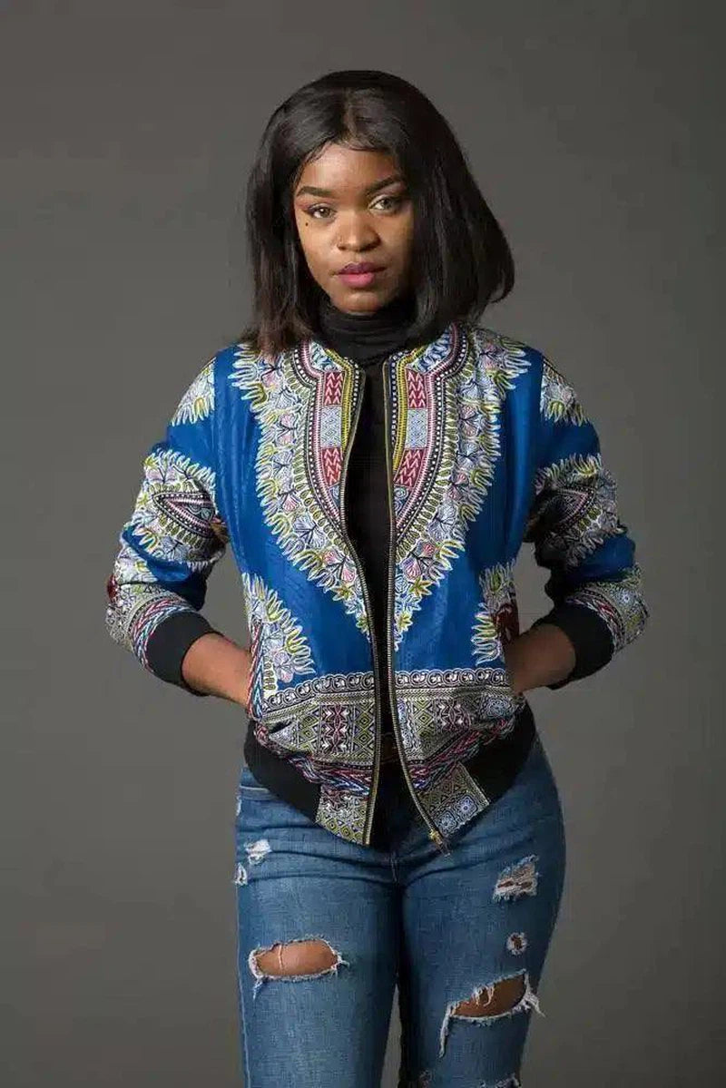 Womens Ethnic Print Bomber Jacket-Blue-2