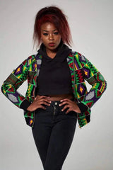 Womens Ethnic Print Bomber Jacket-Green-4