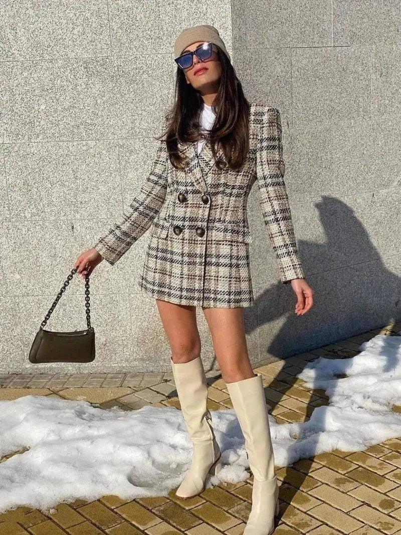 Chic Tweed Jacket & Skirt Set with Knee-High Boots-1