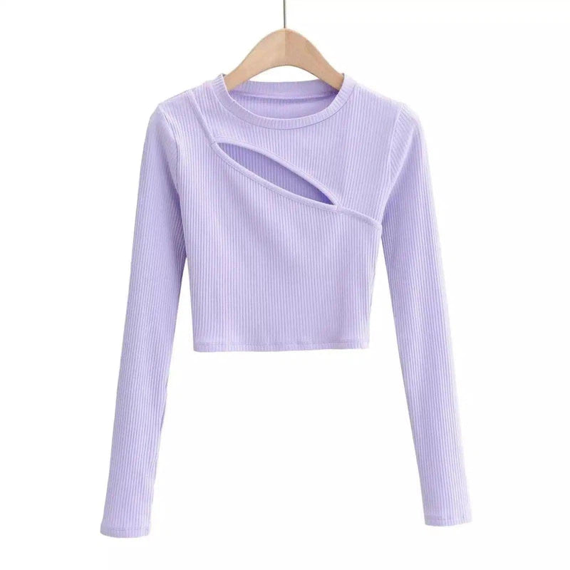 Cropped Knit Sweaters with Long Sleeves-Purple-3