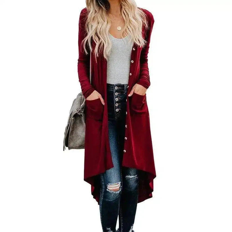 Women's Long Sleeve Open Front Cardigan-Wine Red-4