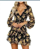 Autumn new fashion flower print long sleeve dress-Gold-18