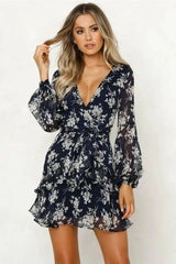 Autumn new fashion flower print long sleeve dress-White-19