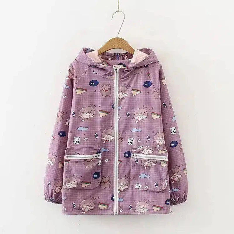 Kids' Hooded Raincoat with Cartoon Print-Purple-3