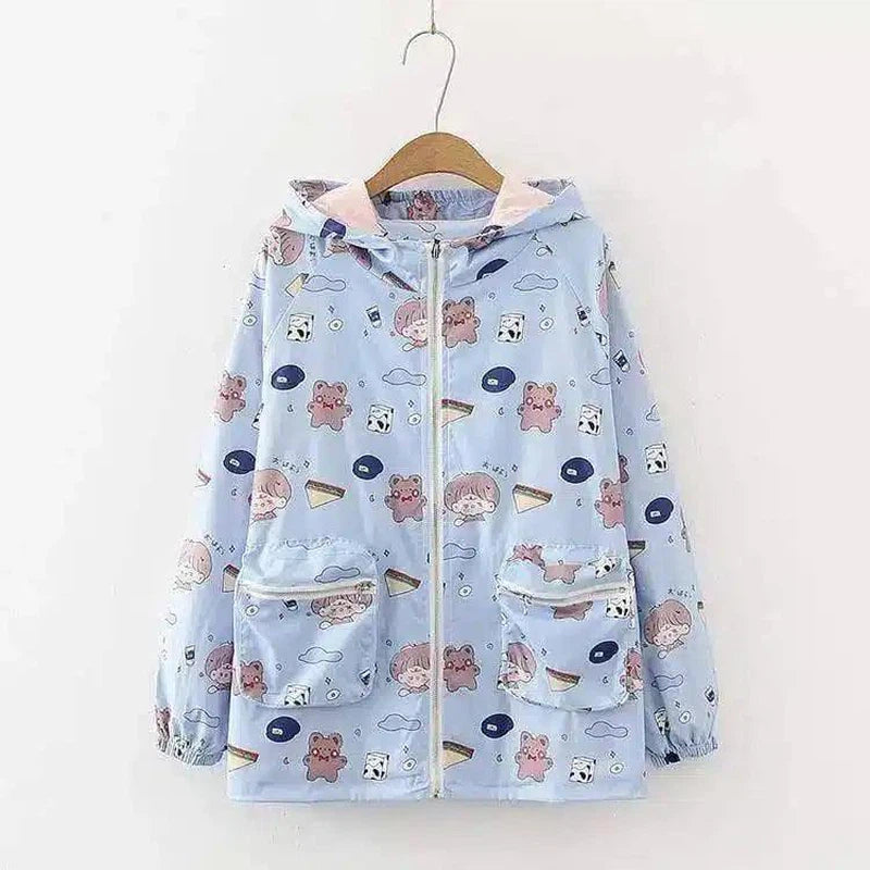 Kids' Hooded Raincoat with Cartoon Print-Blue-4