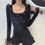 Women's Sparkly Feather Sleeve Fitted Top-Black-1