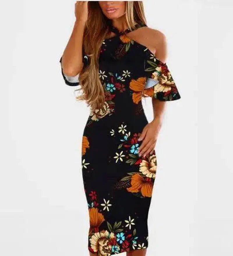 Bodycon Dress Halter Off Shoulder Robe Elegant Summer-Black-23