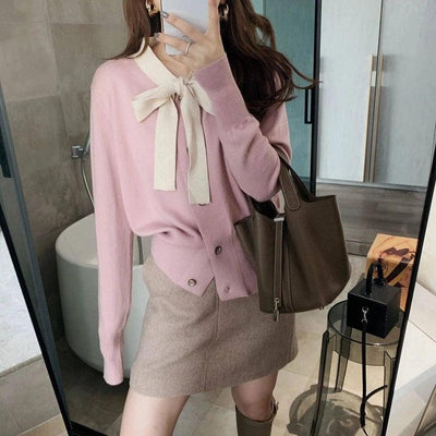 Women's Bow Tie Cardigan Sweater-Pink-2