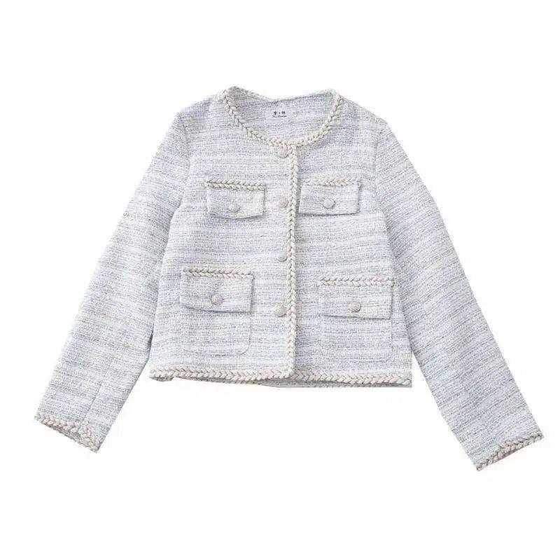 Womens Tweed Jacket with Pockets-Light Blue-3