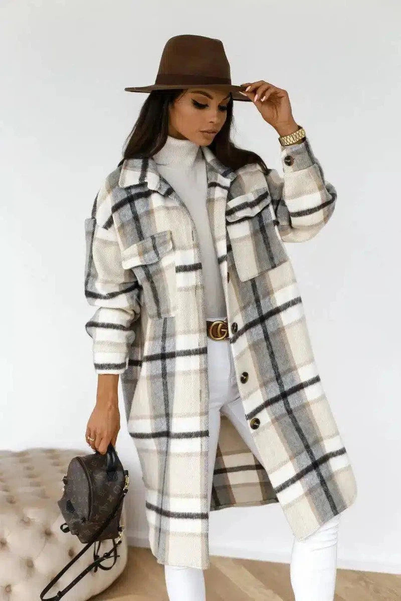 Button lapel casual warm plaid long woolen coat-Grey-2