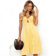 Buttoned Bow Back Strap Dress-Yellow-14