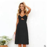 Buttoned Bow Back Strap Dress-Black-16