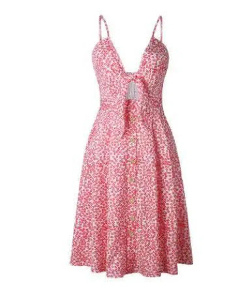 Buttoned Bow Back Strap Dress-Pink-37