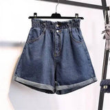 Calyx elastic waist denim shorts female summer high waist-NavyBlue-20