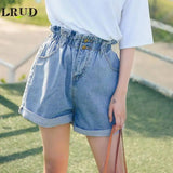 Calyx elastic waist denim shorts female summer high waist-Wathet-24