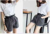 Calyx elastic waist denim shorts female summer high waist-gray-35