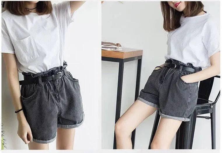 Calyx elastic waist denim shorts female summer high waist-gray-42