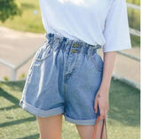 Calyx elastic waist denim shorts female summer high waist-Wathet-48