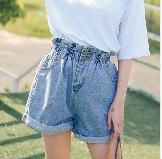 Calyx elastic waist denim shorts female summer high waist-Wathet-50