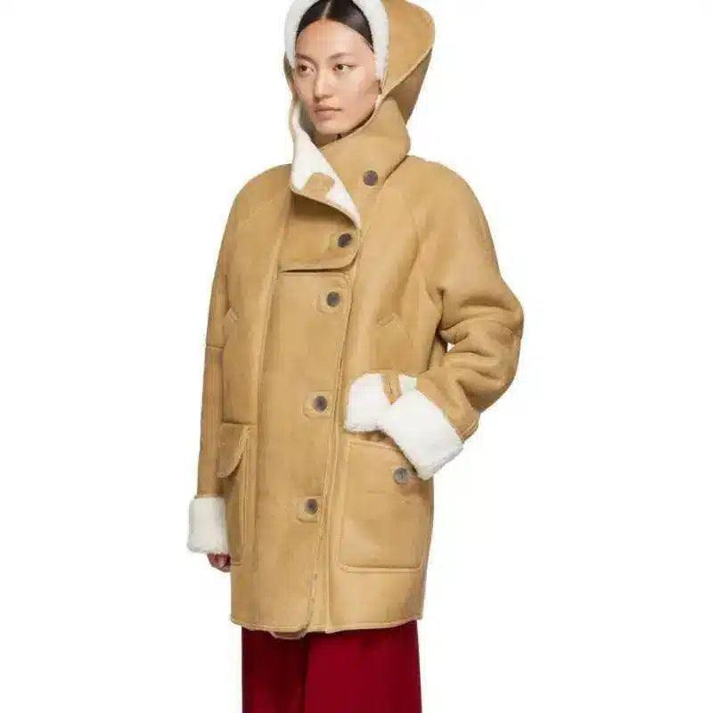 LOVEMI - Lovemi - Camel fur cute bear hooded zipper long coat