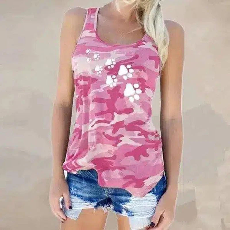 Women's Camo Sleeveless Tank Top with Paw Print Design-Pink-4