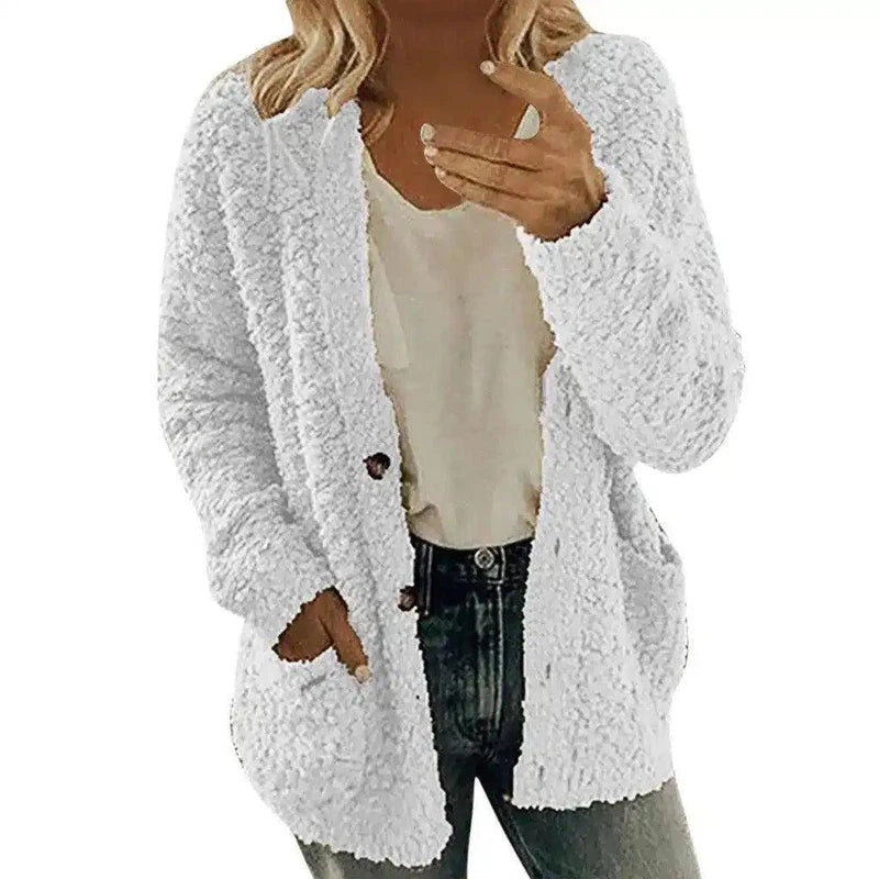 Women's Fuzzy Knit Cardigan with Pockets-White-7