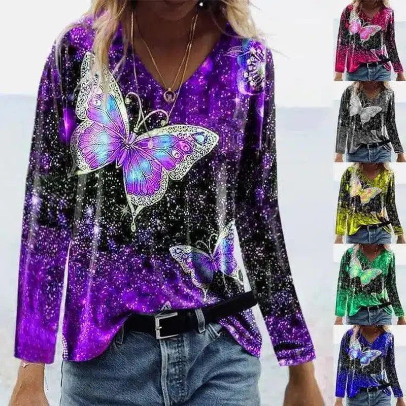 Women's Butterfly Print V-Neck Long Sleeve Top-1