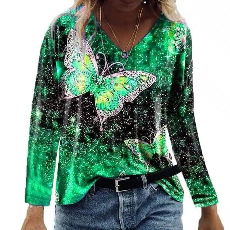 LOVEMI - Lovemi - Casual Top V-neck Butterfly Print Loose