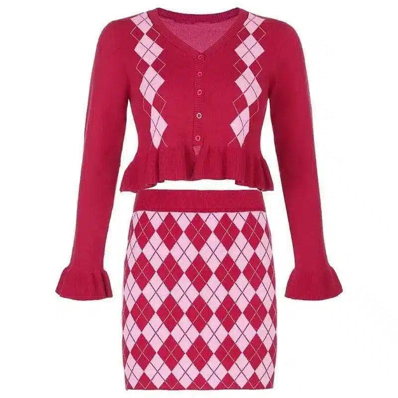 Women's Plaid Skirt and Crop Cardigan Set-Red sweater-2