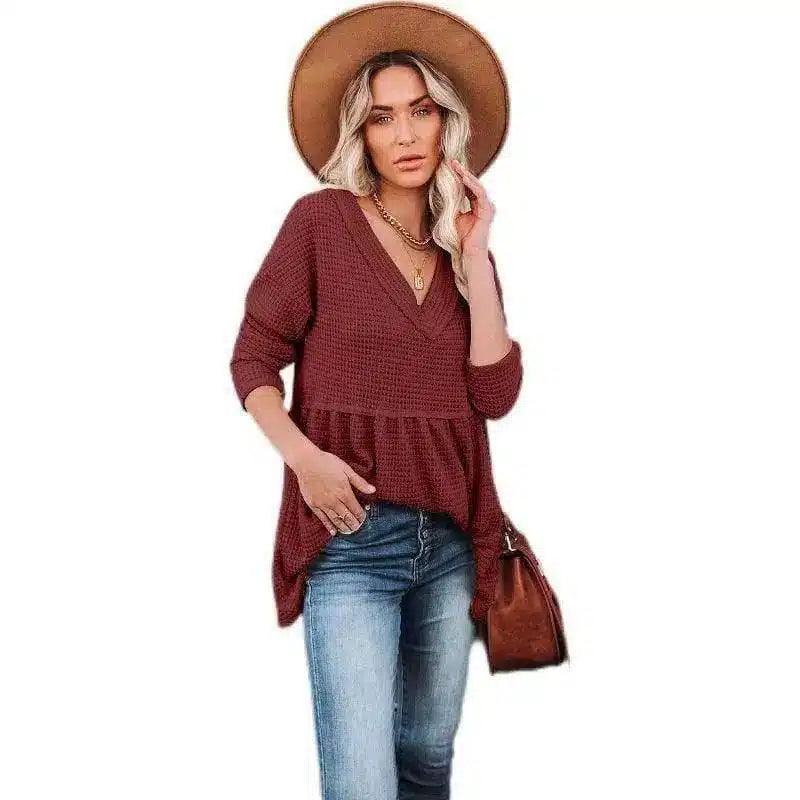 Women's V-Neck Knit Sweater Top-Red wine-3