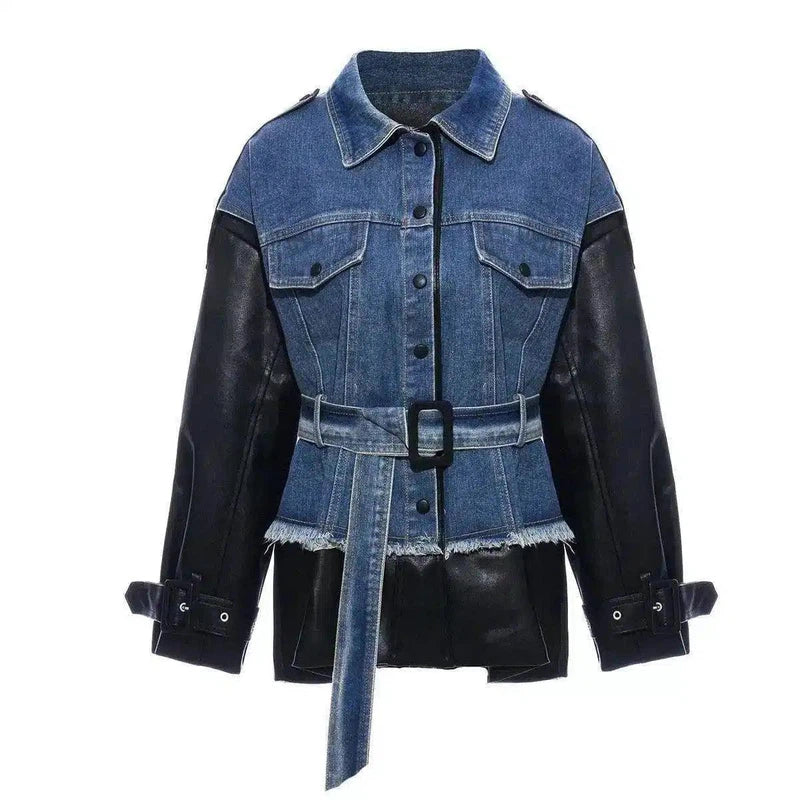 LOVEMI - Lovemi - Denim stitching leather jacket