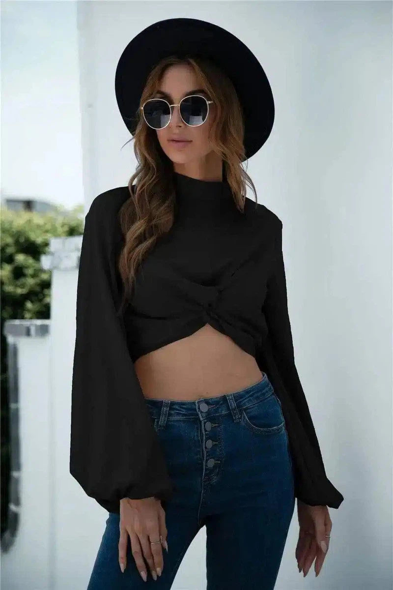 Womens Knotted Crop Top Long Sleeve-Black-4