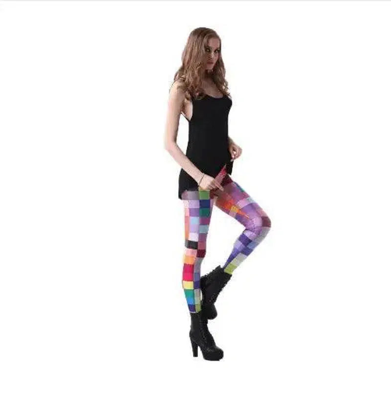 Digital printed color plaid leggings-Violet-2