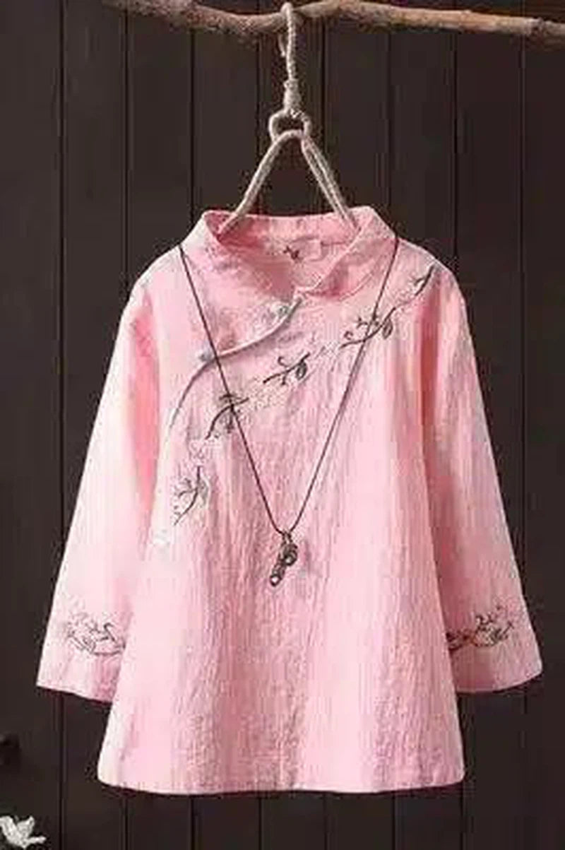 Embroidered Linen Blouse with Mandarin Collar-Pink-2