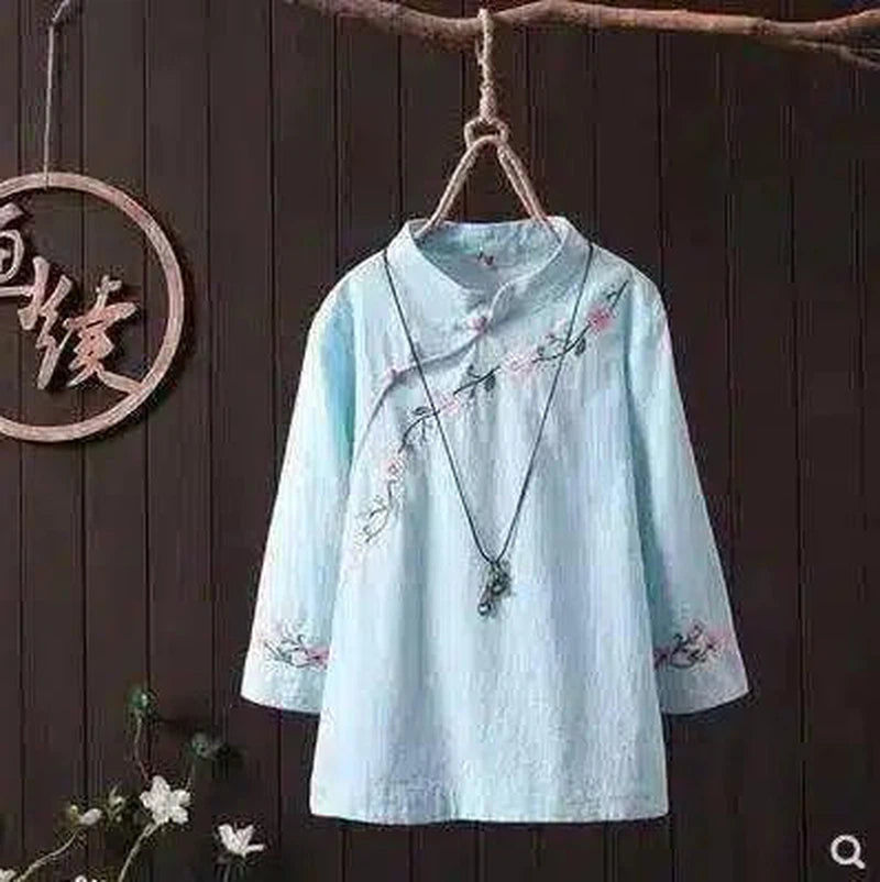 Embroidered Linen Blouse with Mandarin Collar-Light Blue-3