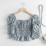 Women's Floral Smocked Puff Sleeve Top-Blue-4