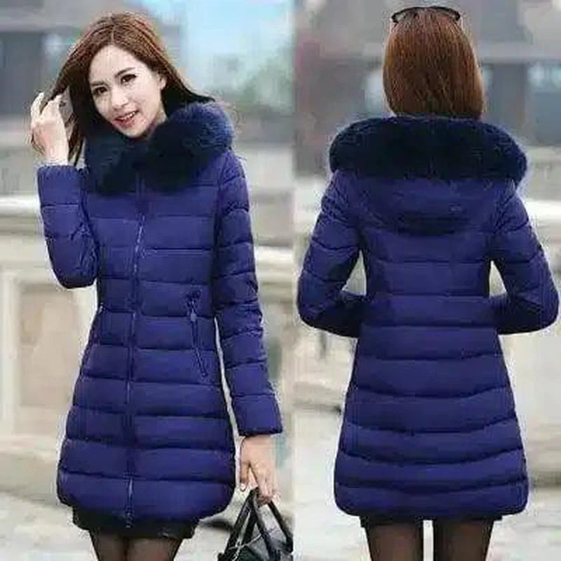 Fur collar mid-length thick down cotton-Royal Blue-4