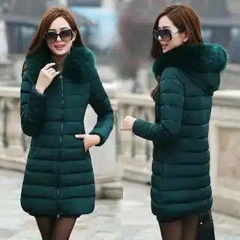 Fur collar mid-length thick down cotton-Dark green-5