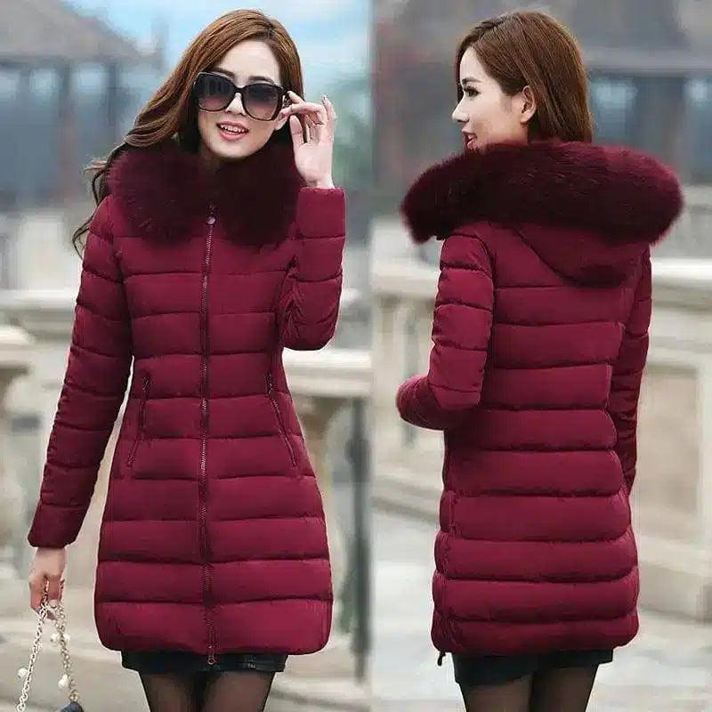 Fur collar mid-length thick down cotton-Wine Red-6