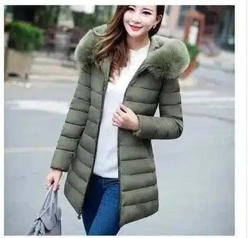 Fur collar mid-length thick down cotton-Army Green-7