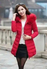 Fur collar mid-length thick down cotton-Red-8